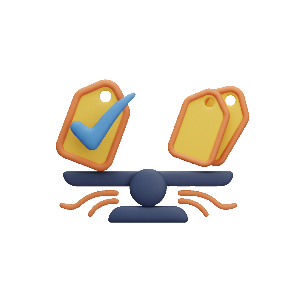 Icona 3D doppio price-tag/bilancia con check – confronto prezzi e miglior offerta