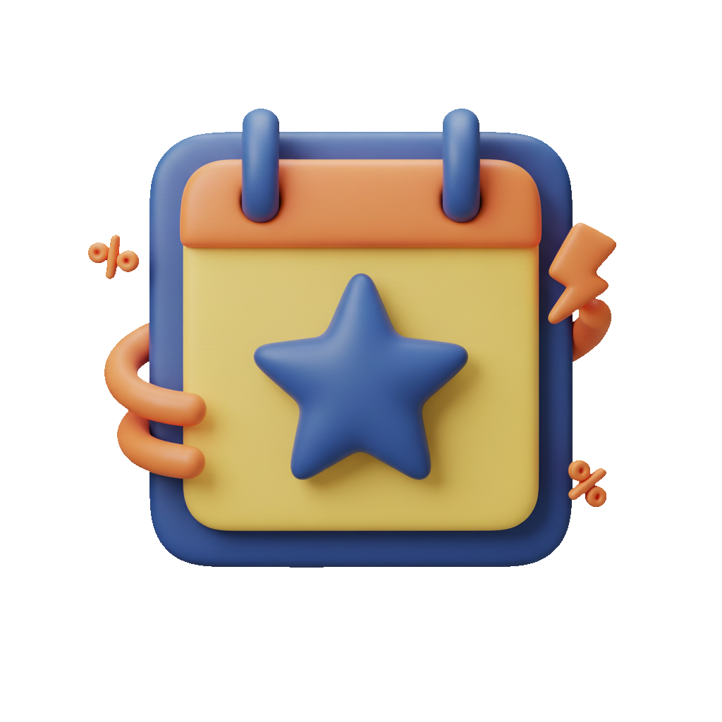 Icona 3D calendario/badge con stella o % – eventi sconti ed errori di prezzo.