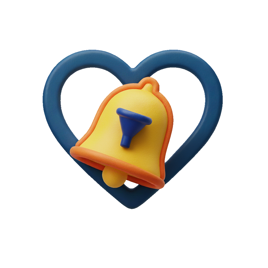 Icona 3D campanella con filtro e cuore – notifiche per categorie e prodotti preferiti.